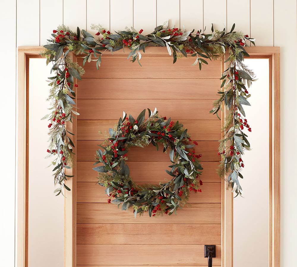 Pre Lit Faux Eucalyptus And Berry Holiday Wreath Garland Pottery Barn