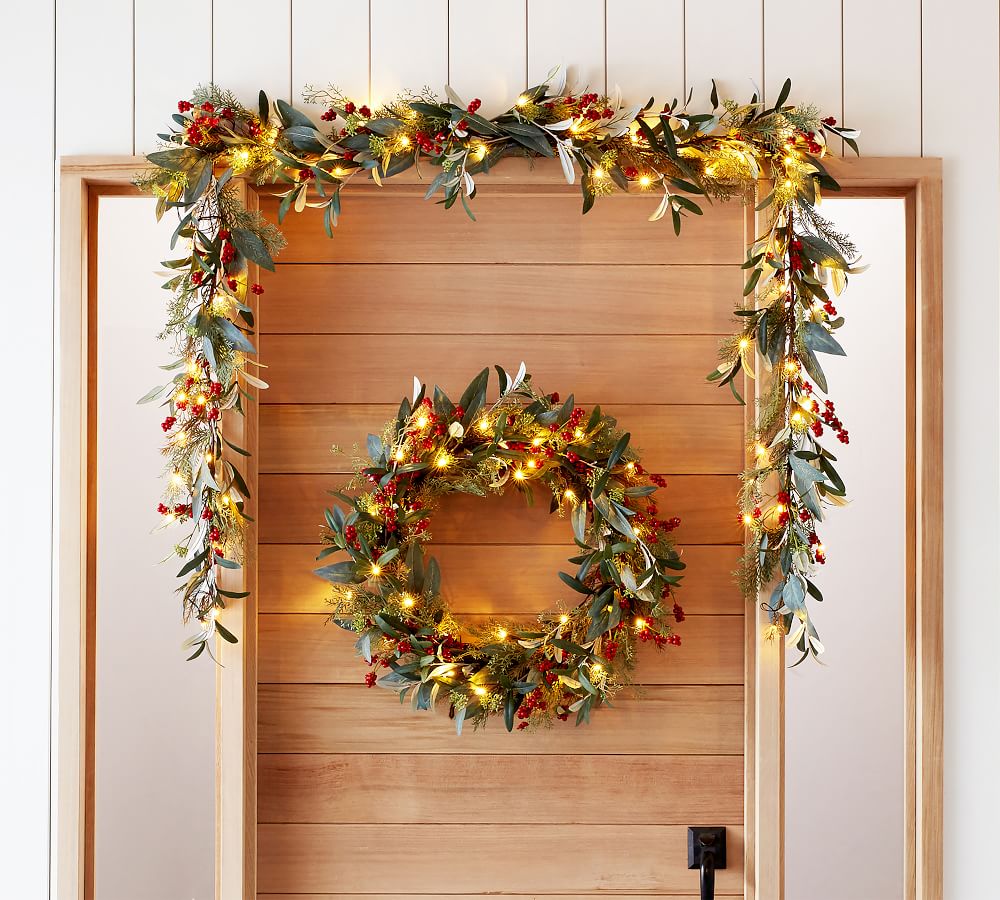 Lit Eucalyptus And Berry Holiday Wreath Garland Pottery Barn