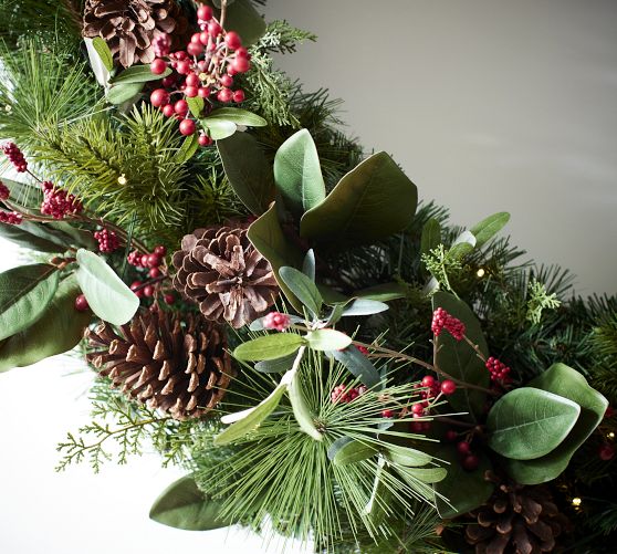 Lit Faux Pine Berries Wreath Garland Pottery Barn