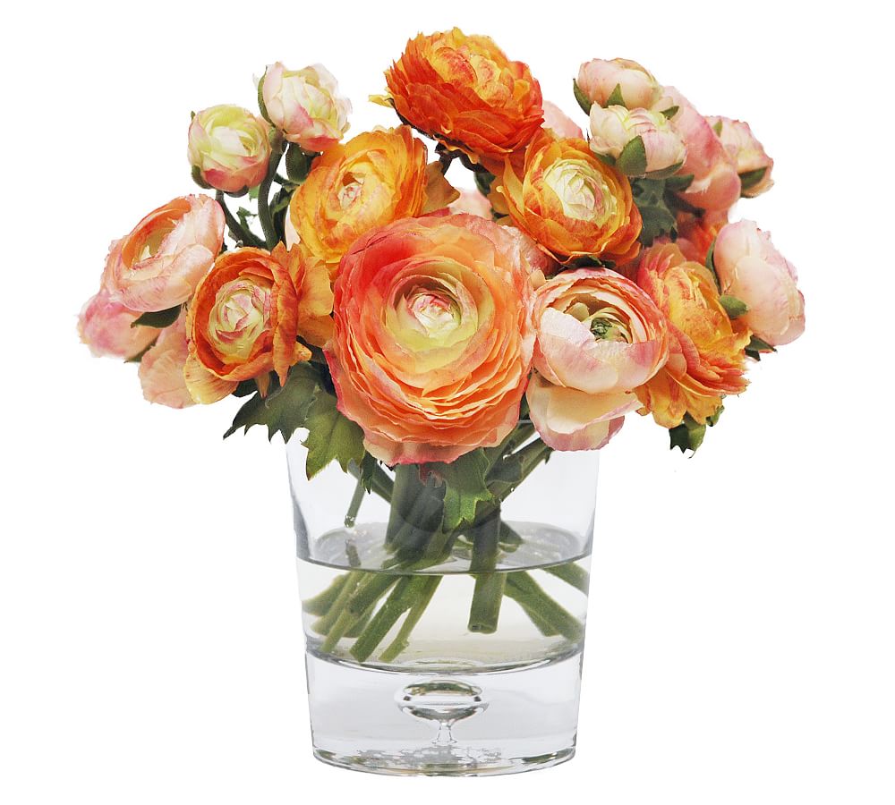 Faux Mix Orange Ranunculus In Round Glass Bowl Artificial Flowers