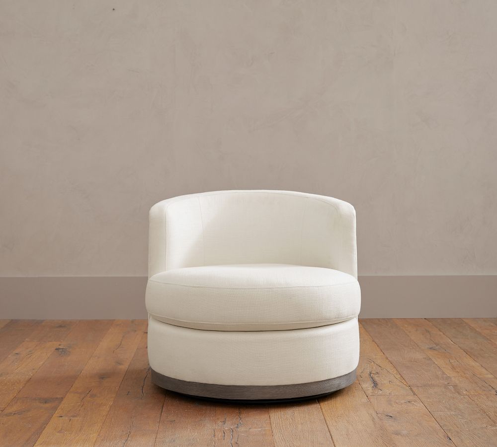 Balboa Upholstered Swivel Armchair With Wood Base Pottery Barn