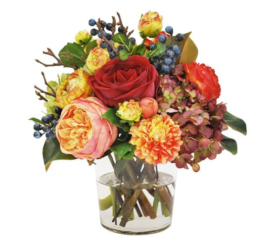 Faux Mixed Fall Hydrangea And Rose In Cylinder Vase Artificial