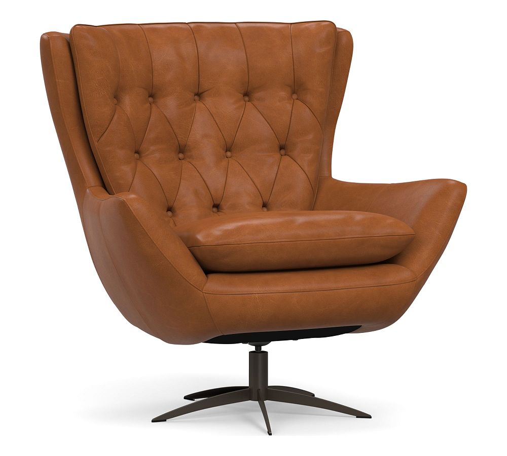 OPEN BOX Wells Leather Swivel Armchair With Bronze Base Polyester