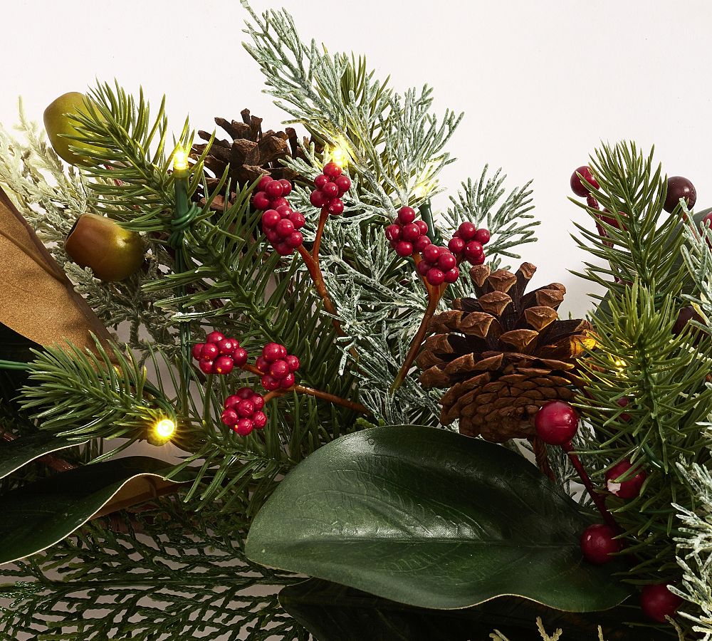 Lit Faux Pine And Berry Wreath Garland Pottery Barn