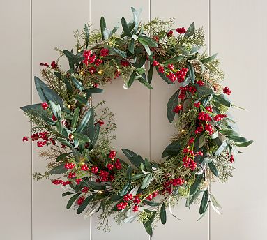 Lit Faux Eucalyptus And Berry Wreath Garland Pottery Barn