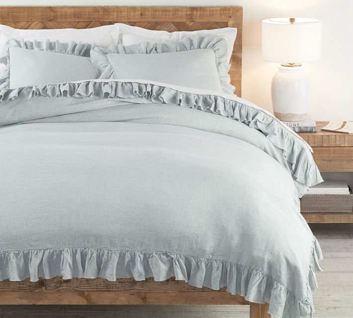 Belgian Flax Linen Fringe Ruffle Duvet Cover & Shams - Mineral Blue