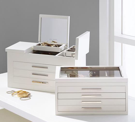 white jewelry box with drawers