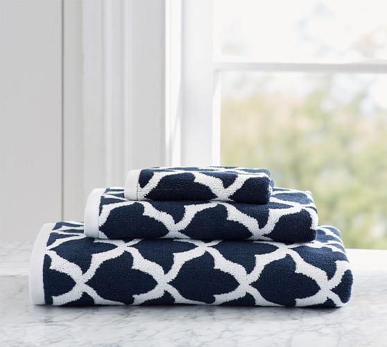 navy patterned towels