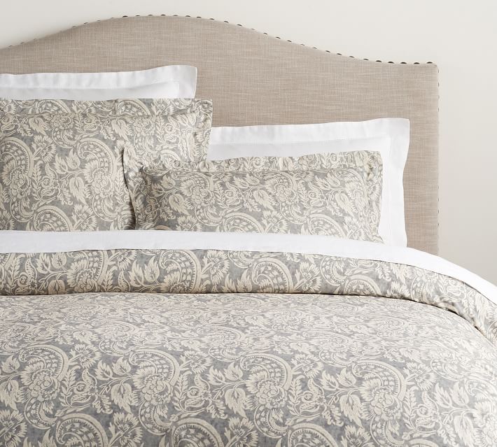 Gray Alessandra Scroll Organic Percale Patterned Duvet Cover & Sham