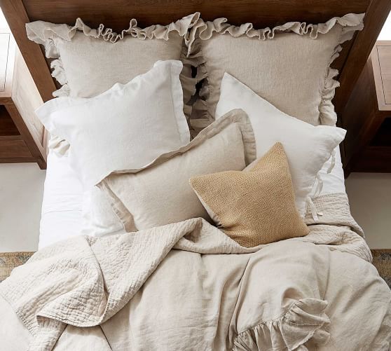 White Standard Set of 2 Pottery Barn Belgian Flax Linen Ruffle Shams