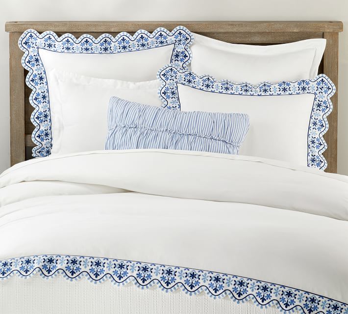 Zoe Scallop Embroidered Percale Patterned Duvet Cover Sham Pottery Barn - Pottery Barn Blue White Bedding Zoe Scallop Embroidered Percale Patterned Duvet Cover Sham Pottery Barn - Pottery Barn Blue White Bedding