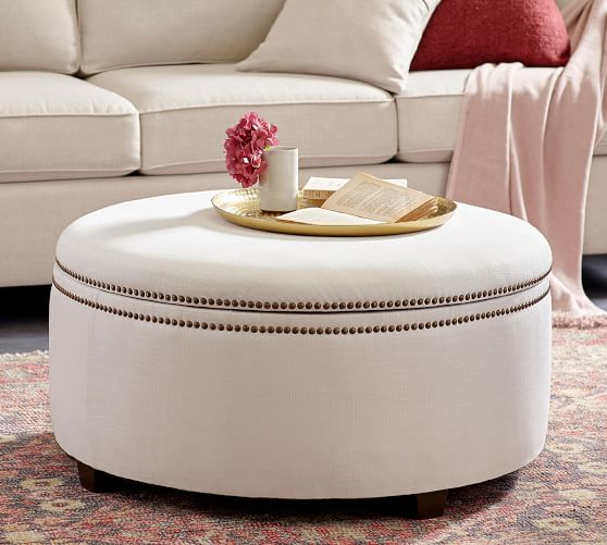 Round Upholstered Coffee Table With Storage, Round Leather Ottoman Coffee Table With Storage