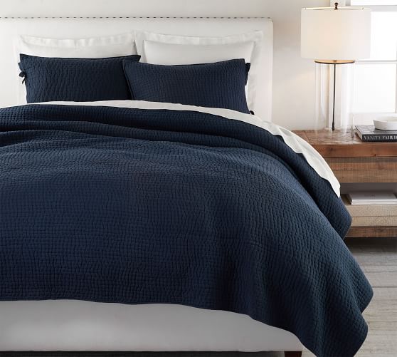 Pick Stitch Handcrafted Cotton Linen Quilt Shams Pottery Barn - Blue Bedding Sham Pick Stitch Handcrafted Cotton Linen Quilt Shams Pottery Barn - Blue Bedding Sham