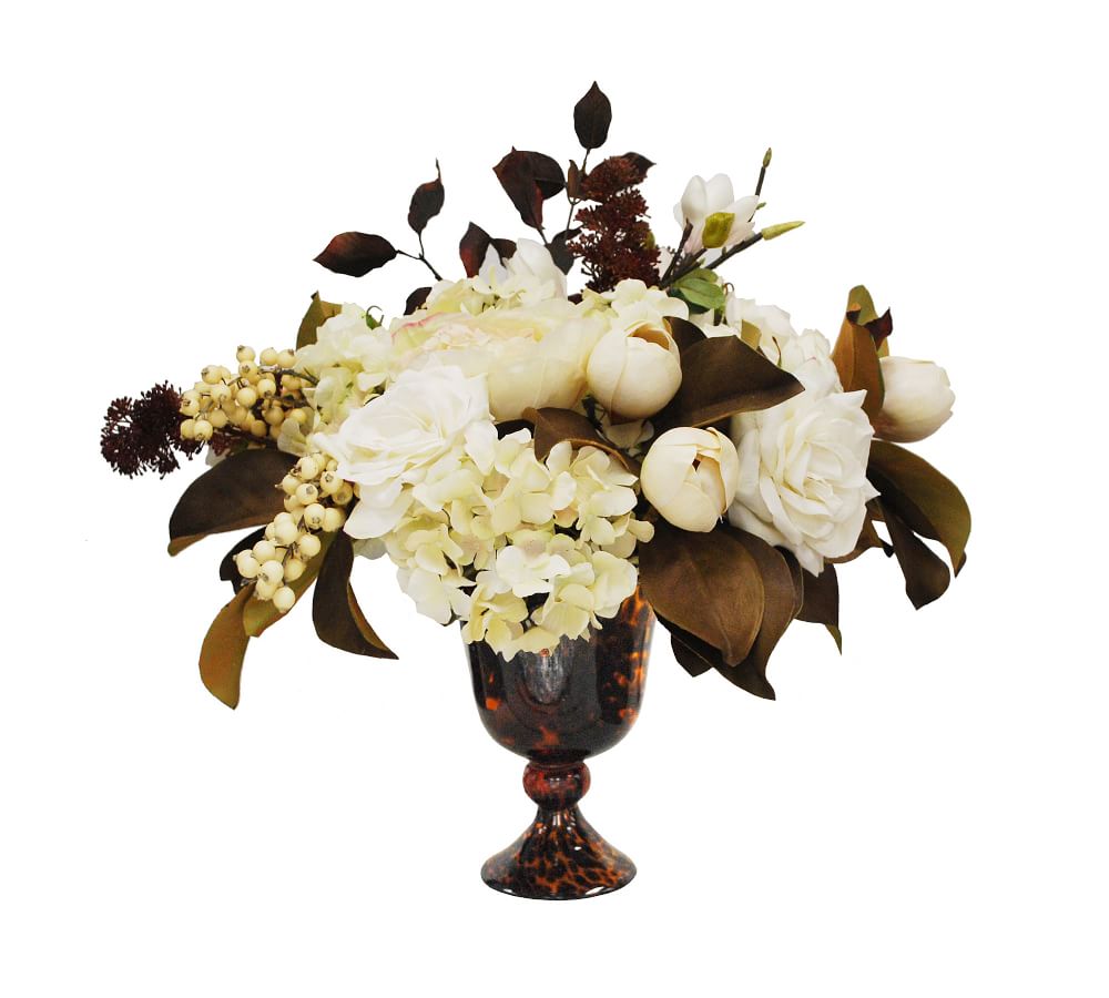 Faux Autumn Rose Hydrangea Arrangement In Glass Vase Artificial Flowers Pottery Barn