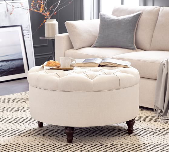 Round Upholstered Ottoman Coffee Table, Fabric Ottoman Coffee Table Round
