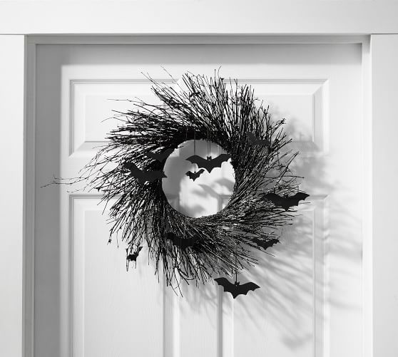 PreLit Black Glitter Branch Wreath and Garland with Bats Pottery Barn