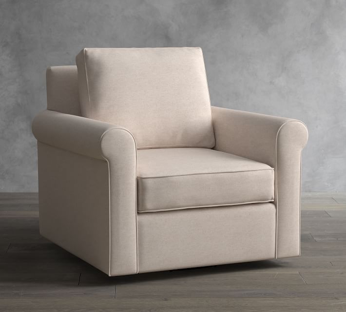 Cameron Roll Arm Upholstered Swivel Armchair | Pottery Barn