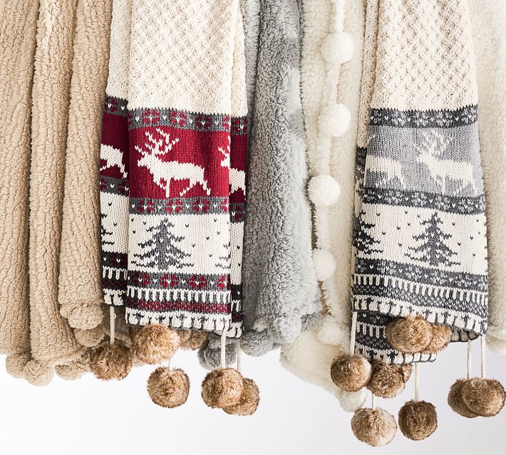 Fair Isle Fur Pom Pom Throw Blanket Pottery Barn