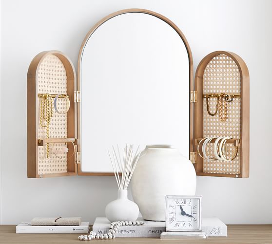 Tri Fold Mirror With Caned Jewelry Holder Pottery Barn - Pottery Barn Wall Mount Entryway Organizer Mirror