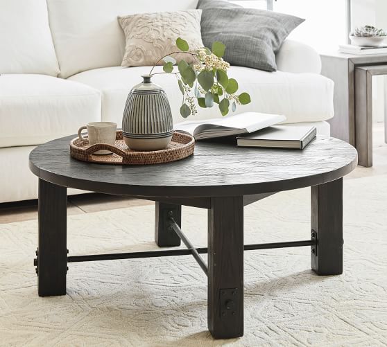 Benchwright 42 Round Coffee Table, Round Coffee Table With 4 Storage Ottomans