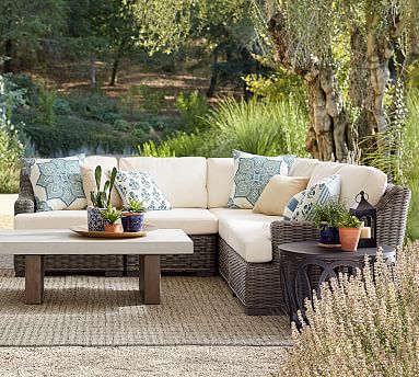 Huntington All Weather Wicker Outdoor Sectional Slope Arm Set Pottery Barn - Potter Wicker 5 Piece Round Patio Dining Set