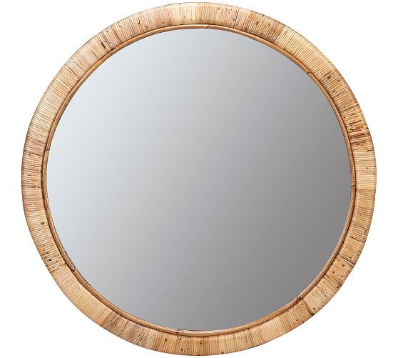 Hadley Rattan Round Wall Mirror 36, Wooden Round Mirror