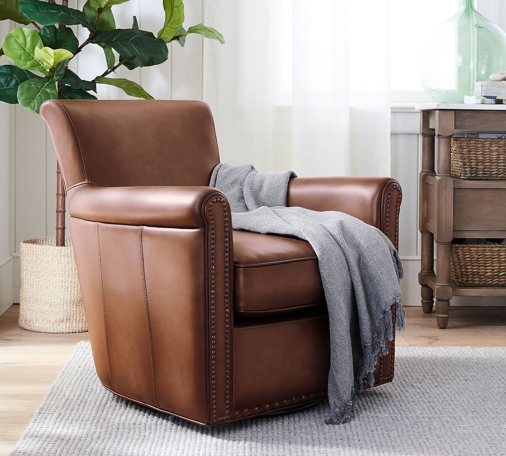 Irving Roll Arm Leather Swivel Armchair With Nailheads Pottery Barn Irving Roll Arm Leather Swivel Armchair With Nailheads Pottery Barn