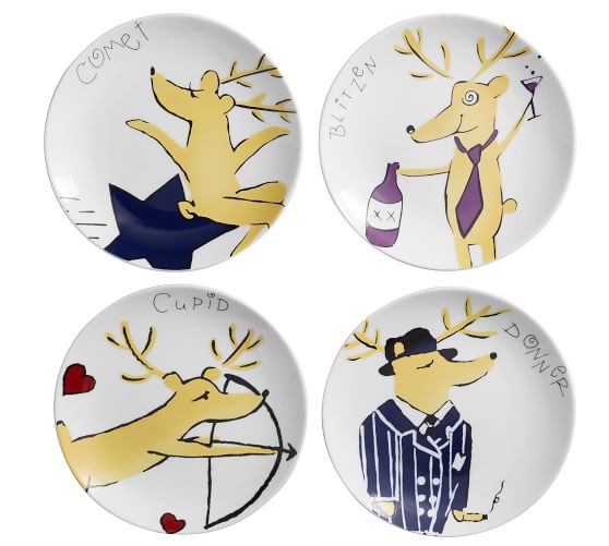 Santa's Reindeer Appetizer Plates, Set of 4 - Assorted | Pottery Barn