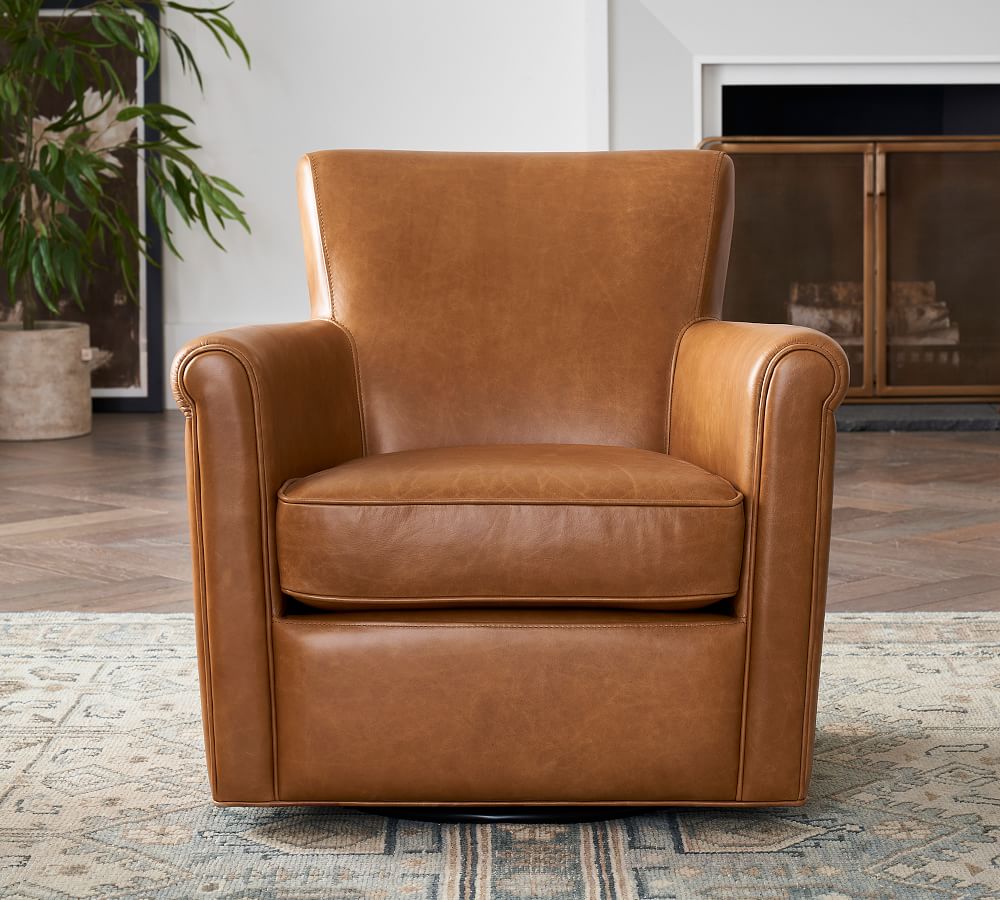 Irving Roll Arm Leather Swivel Armchair, Large Round Leather Swivel Chair