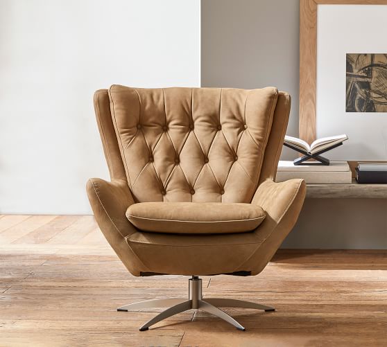 Wells Tufted Leather Swivel Armchair, Round Leather Swivel Chair