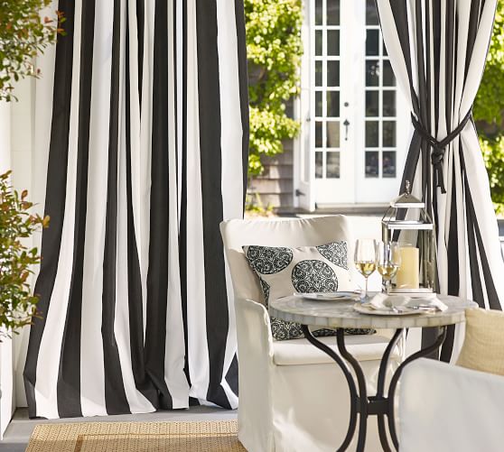 Awning Stripe Grommet Outdoor Curtain, White Outdoor Curtains