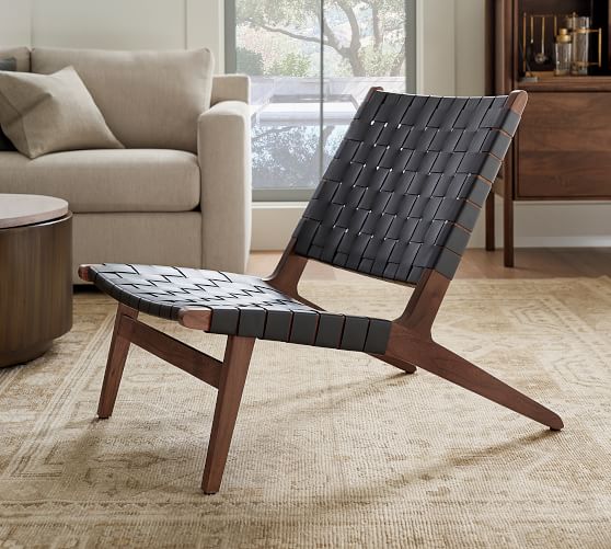 Fenton Woven Leather Accent Chair, Living Room Chair With Storage Ottoman