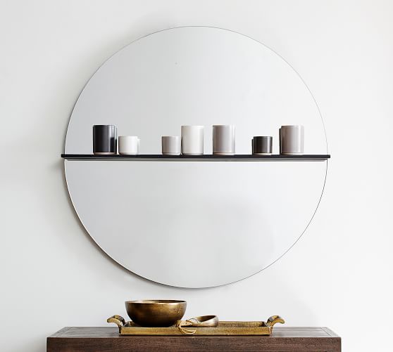 Romano Round Wall Mirror With Shelf, White Round Wall Mirror With Shelf
