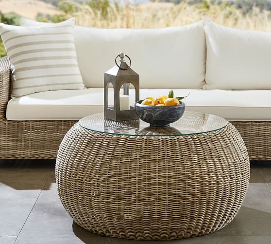 Coffee Table Pouf Natural Pottery Barn, Round Wicker Side Table With Glass Top