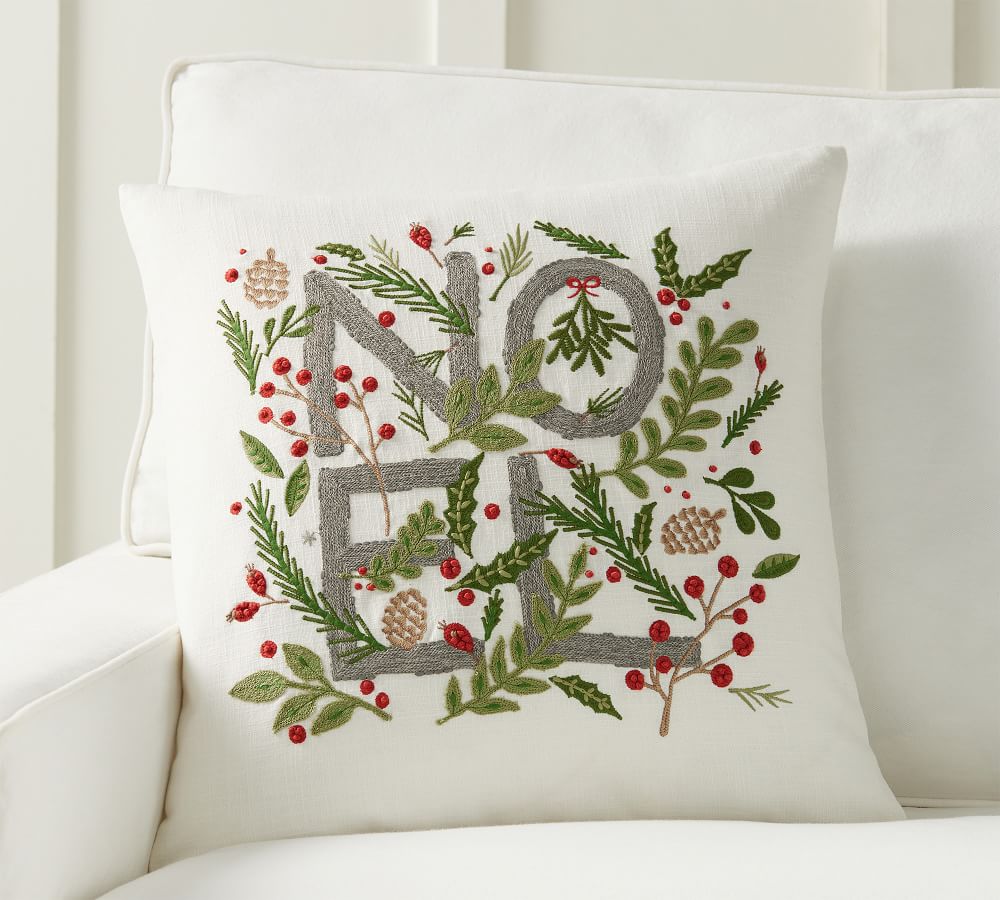 Beautiful Noel holiday pillow with lettering embroidery and holly - Pottery Barn. #christmasdecor #pillows