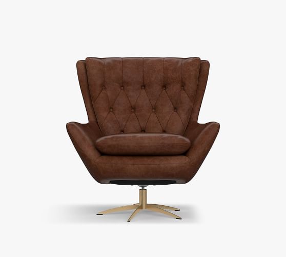 Wells Tufted Leather Swivel Armchair, Round Leather Swivel Chair