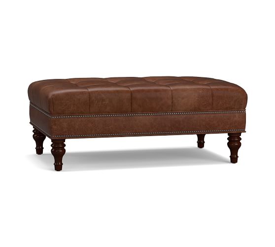Martin Tufted Leather Ottoman Pottery, Brown Leather Ottomans