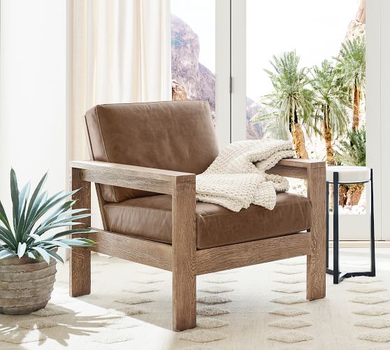 Malibu Leather Accent Chair Pottery Barn, Leather Accent Chair With Wood Arms