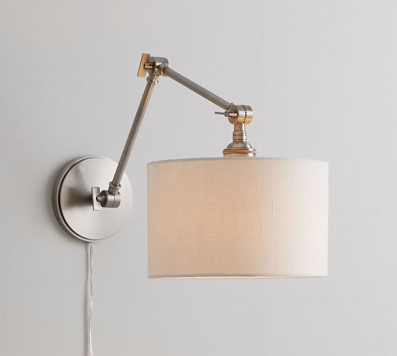 Articulating Arm Linen Drum Shade Plug, Wall Sconce Lamp Shade