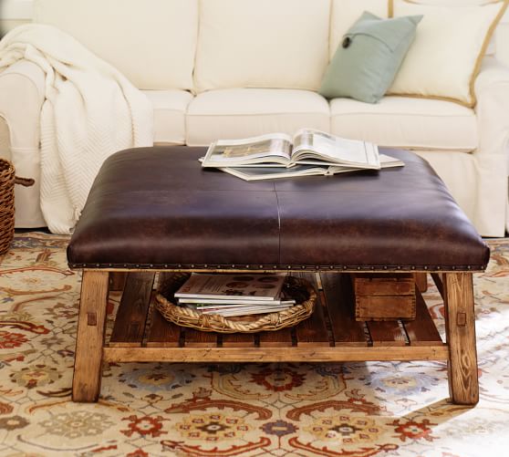 Caden Square Leather Ottoman Pottery Barn, Leather Coffee Table Ottoman