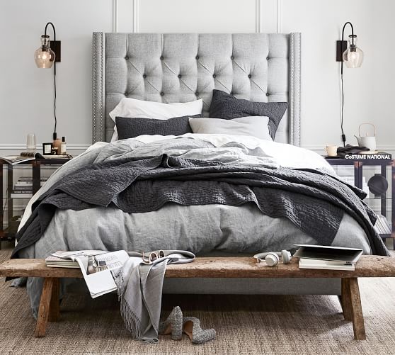 Harper Tufted Upholstered Tall Bed, Gray Tufted King Bed