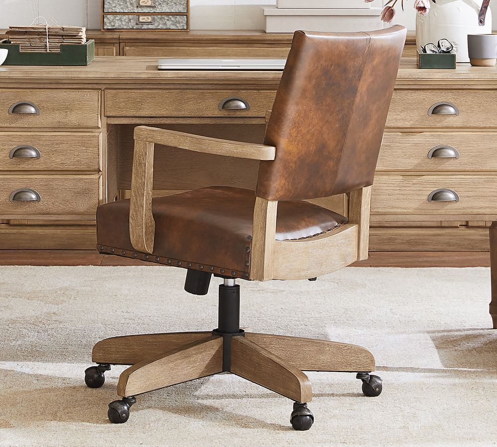 Manchester Leather Swivel Desk Chair, Wood Leather Office Chair Uk