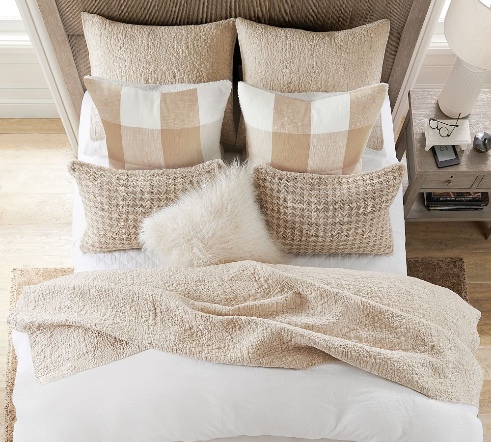 White Belgian Flax Linen Floral Stitch Quilt & Sham Pottery Barn