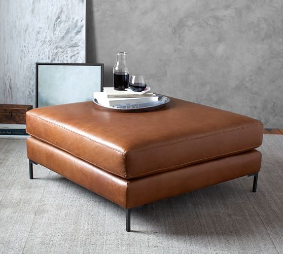 Jake Leather Sectional Ottoman, Leather Ottoman With Wheels