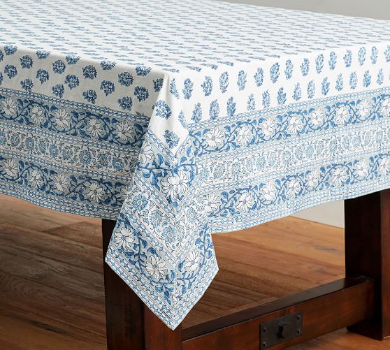 Block Print Floral Cotton Tablecloth - Blue