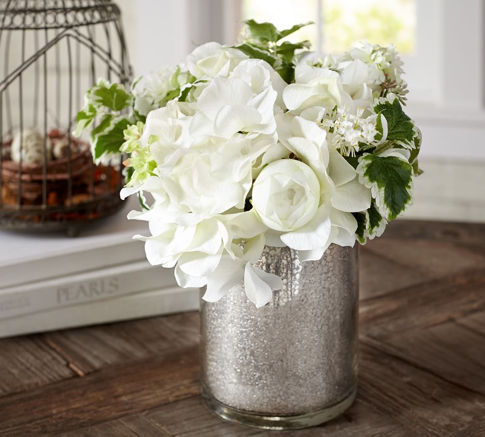 Faux White Flower Arrangement in Mercury Glass Vase Artificial