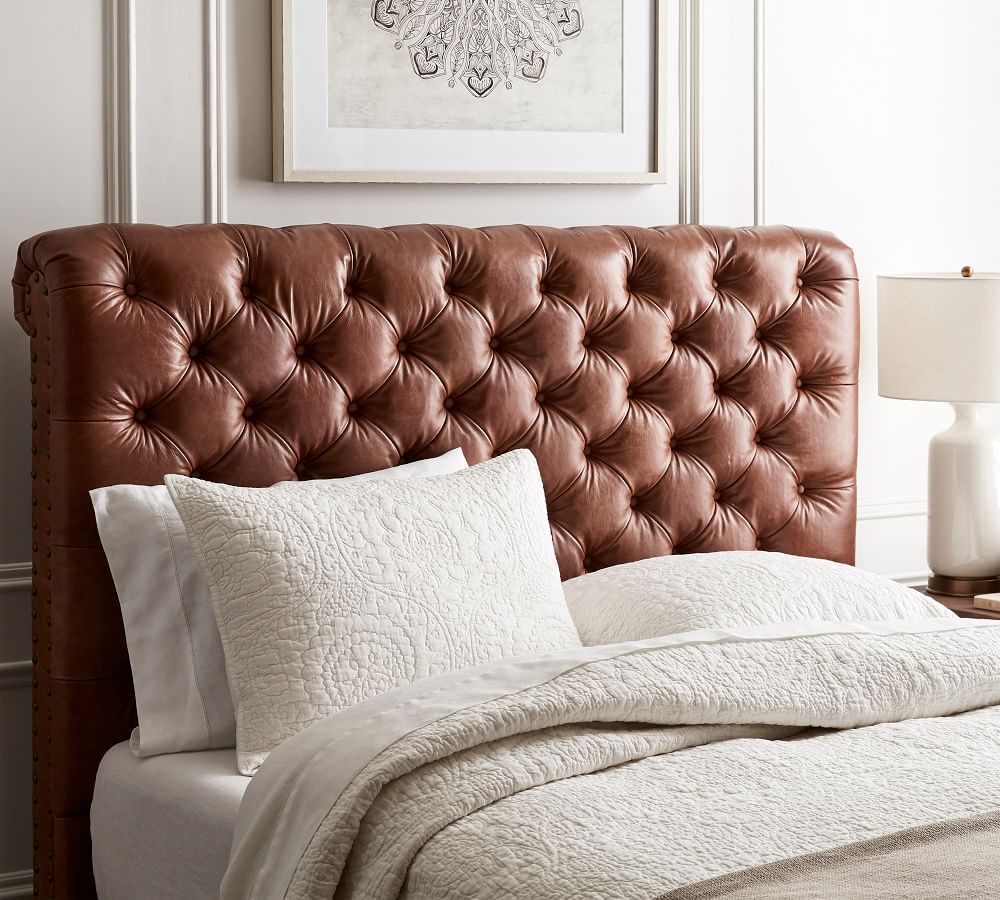 Chesterfield Leather Headboard, Leather Tufted Sleigh Bed