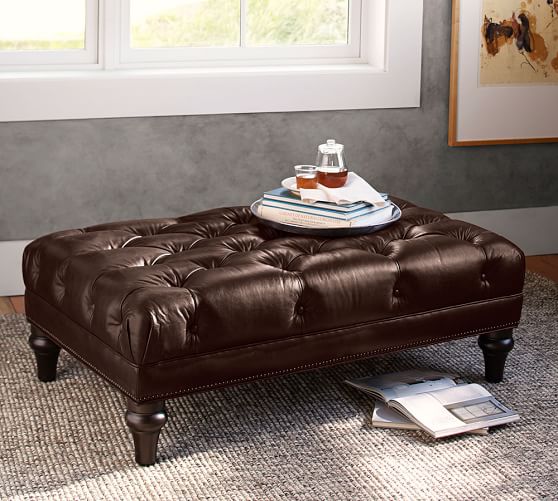 Bollinger Tufted Leather Ottoman, Leather Ottoman Tufted