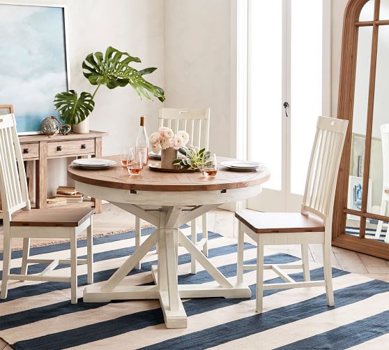 Hart Round Reclaimed Wood Pedestal Extending Dining Table Pottery Barn Hart Round Reclaimed Wood Pedestal, Round Extendable Dining Table 6 Chairs