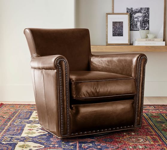 Irving Roll Arm Leather Swivel Armchair, Irving Leather Chair
